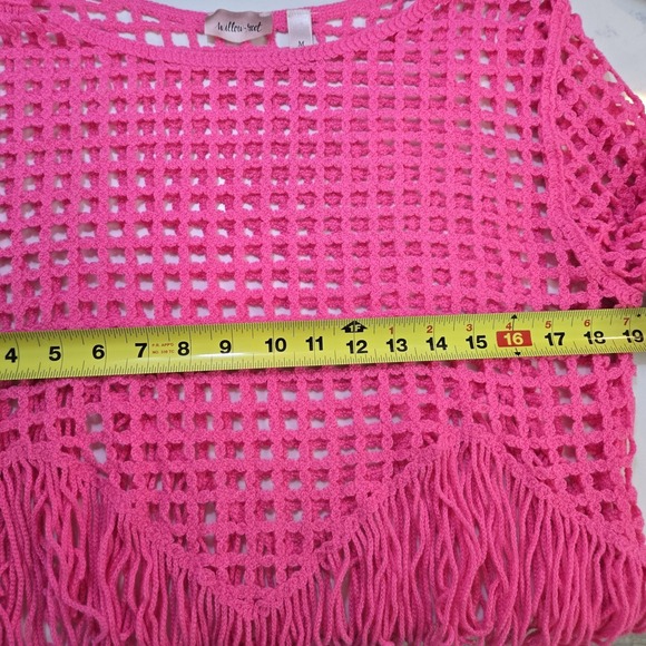 Pink Crochet Fringe Sweater Womens M Boho Festival Coachella Beach Cover Up Top - Picture 4 of 7